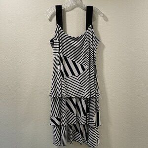 LAVENA Jersey Sleeveless Layered Tier Multi Stripe Dress, Black/White - L